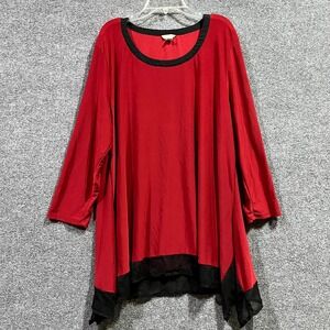 Cato Shift Blouse Women's XL Red Stretch High Low Lace Hem Round Neck